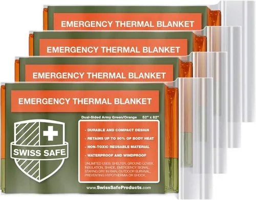 Swiss Safe 4 paquetes de mantas de emergencia de mylar para supervivencia - Compactas y aisladas para clima frío - Diseñadas para la NASA, exterior,
