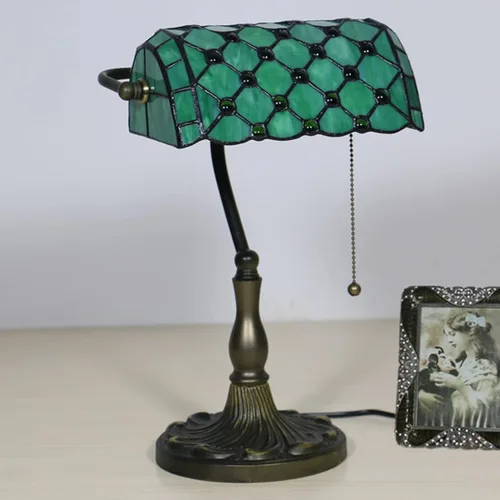 Miniatura 5 de Green Bankers - Lámpara de mesa vintage, luz de escritorio retro, lámpara de escritorio de oficina de vidrieras Tiffany, lámpara de cuentas