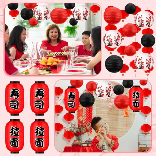 Miniatura 6 de Tuanse 40 linternas de papel japonesas chinas decorativas LED con flor de cerezo rojo chino para interiores y exteriores (rojo, rosa)