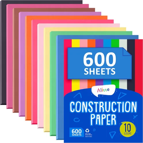 Alitte Papel de construcción de colores surtidos (600 hojas, 9 x 12), papel para manualidades, 10 colores brillantes, paquete a granel de proyectos