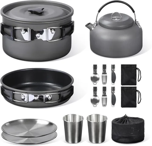 Miniatura 8 de REDCAMP 6/10/11/12/14/15/19 piezas Kit de utensilios de cocina para camping, equipo de camping, ollas, sartenes, soperas, cucharas apilables