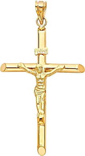 Colgante de cruz grabada con Jesús de oro amarillo de 14 quilates, 2.205 x 1.457 in, acabado pulido, símbolo espiritual hecho a mano, joyería fina