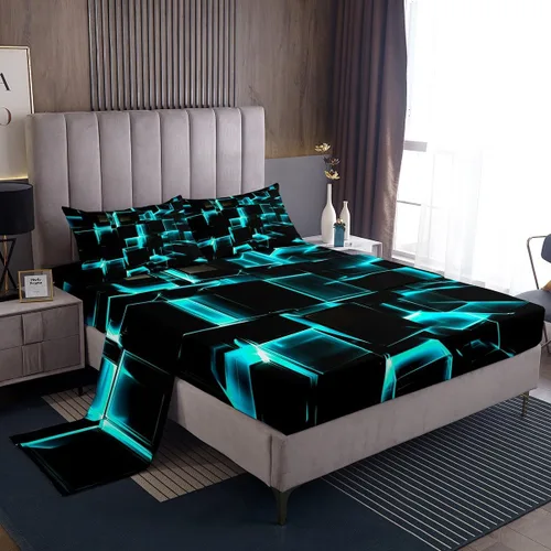 Miniatura 35 de Erosebridal Juego de sábanas de cama negro y rojo, juego de sábanas de tamaño individual abstracto moderno, sábanas a cuadros brillantes 3D, juego
