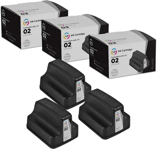 LD Cartuchos re fabricados para HP 02: BLK C8721WN, C C8771WN, M C8772WN, Y C8773WN, LT C C8774WN, LT M C8775WN, Paquete de 3 - Negro
