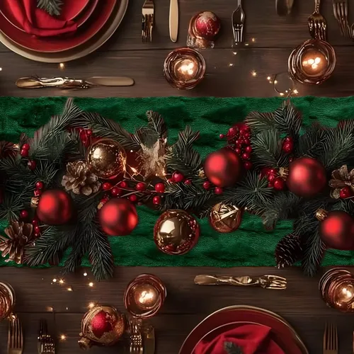 Miniatura 3 de IVAPUPU Camino de mesa de Navidad para vacaciones de invierno, árbol de Navidad verde de felpa suave con pelusa, decoración del hogar de Navidad