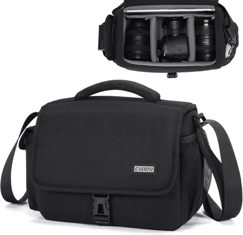CADeN Bolsa para Cámara Funda Bandolera Cruzada Compatible con Nikon, Canon, Sony, Cámaras DSLR SLR sin Espejo y Lentes (1.0 Negro, Grande)