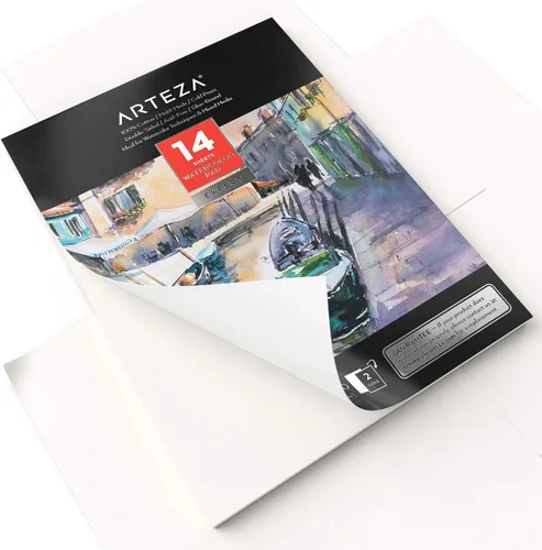 Miniatura 4 de ARTEZA Papel de acuarela, 14 hojas, almohadilla de acuarela de 9 x 12 pulgadas, 140 libras/10.58 oz/m², 100% algodón, doble cara, prensa en frío