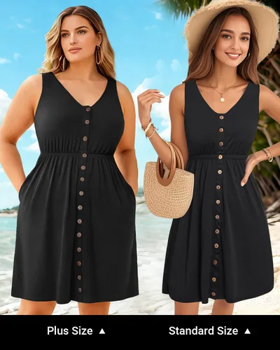 Miniatura 25 de Holipick Vestidos de verano para mujer, talla grande, casual, con bolsillos, acampanado, con botones, sin mangas, cuello en V