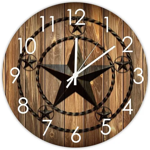 Reloj de pared vintage con estrellas de Texas occidental, funciona con pilas, sin tictac, reloj de madera, decoración de pared para casa de campo,