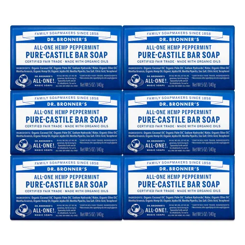 Jabones mágicos Dr. Bronner’s, jabón de Castilla puro, Menta de cáñamo, todo en uno, barras de 5 onzas (paquete de 6), Peppermint