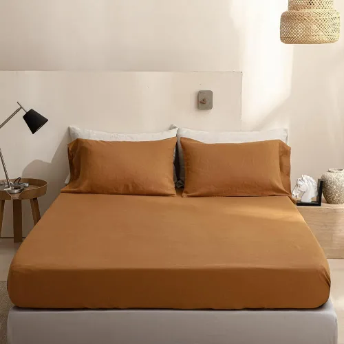 Sábana bajera ajustable 100% lino lavado a la piedra, color sólido (1 pieza) funda de colchón de 14 pulgadas de profundidad, suave, natural, Óxido