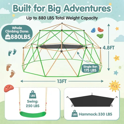 Miniatura 4 de Gardenature Cúpula de escalada de 13 pies con hamaca y columpio, gimnasio de selva al aire libre para niños, cúpula geométrica que soporta 880