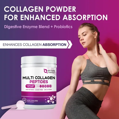 Miniatura 8 de NATURE TARGET Polvo de Péptidos de Colágeno Múltiple - Tipo I, II, III, V, X - Péptidos de Colágeno Hidrolizados con Vitamina C y Ácido Hialurónico