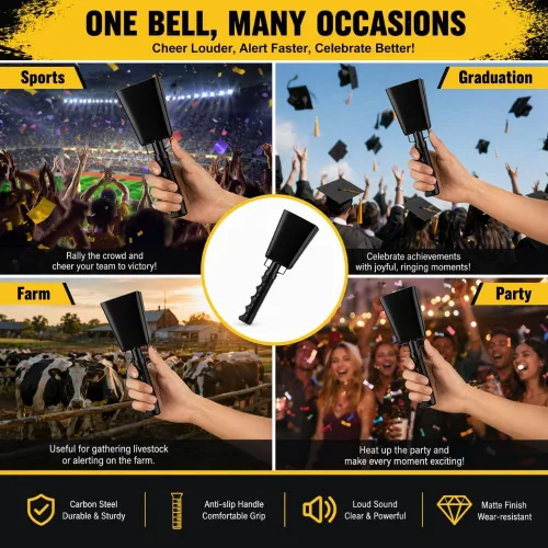 Miniatura 7 de Campanas de vaca de acero de 8 pulgadas con asa, campana de mano animadora para eventos deportivos, fútbol, fiesta, granja, campanillas de mano