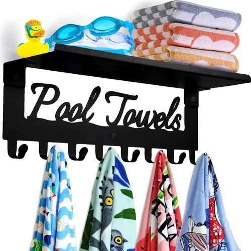 Toalleros de piscina con estante 8 ganchos para piscina, baño, montaje en pared, toallero, soporte para toallas, soporte de acero al carbono,