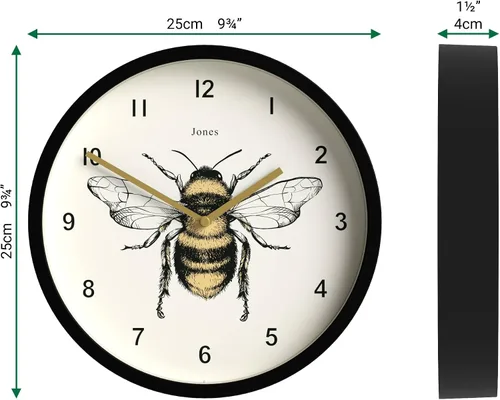 Miniatura 3 de JONES CLOCKS® Reloj de pared de abeja Pequeño reloj moderno con ilustración de abeja 10 pulgadas Negro Diseño decorativo para cocina, sala