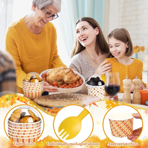 Miniatura 3 de Nosiny 180 cuencos de papel de otoño de 9 onzas, cuencos desechables de helado de Acción de Gracias, 80 tazas de otoño con tapas y 100 cucharas