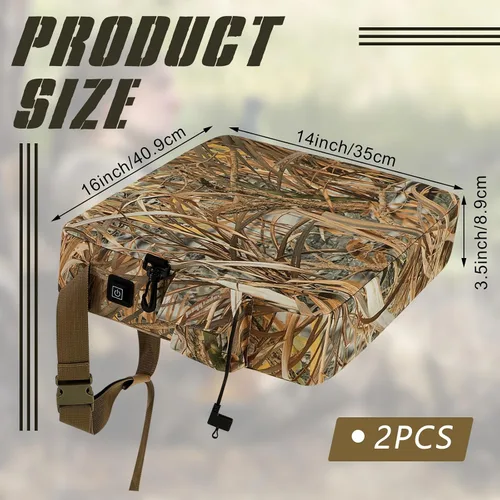 Miniatura 2 de Barydat Paquete de 2 cojines calefactables para asiento de caza, cálido e impermeable, almohadilla portátil de camuflaje de caña de 16 x 14 x 3.5