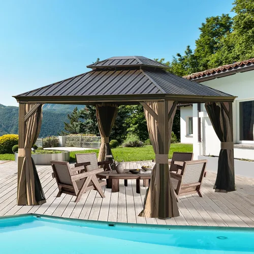 Miniatura 51 de Domi - Cenador permanente de metal con techo rígido de 8 x 8 pies, con doble techo de acero galvanizado, cortinas y malla para fiestas, bodas, Gris
