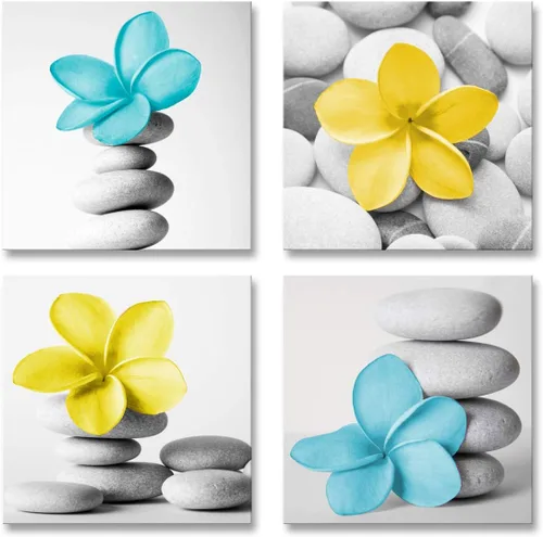 Miniatura 5 de Genius Decor - Arte moderno para pared de baño, diseño de flores zen azules y grises, piedra de guijarro, aguamarina, arte en lienzo para decoración