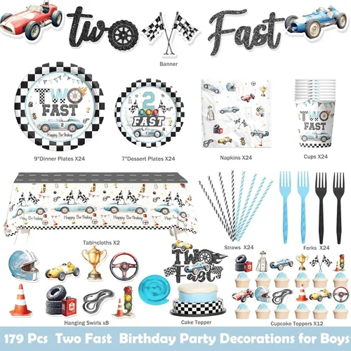 Miniatura 2 de 179 piezas de decoración de cumpleaños rápido, 2 decoraciones de cumpleaños rápido con platos, servilletas, mantel, remolinos colgantes para niños