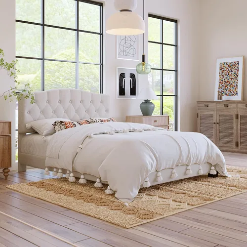 Miniatura 8 de DSHADE Base de cama Queen con plataforma tapizada de lino moderno, base de cama de madera maciza beige con cabecero, detalles capitoné de diamante