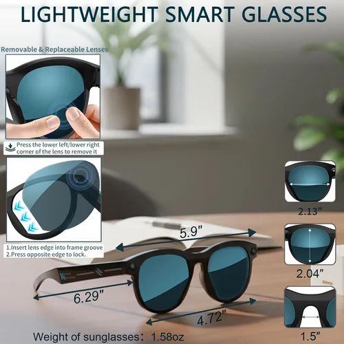 Miniatura 7 de Gafas Inteligentes con Cámara, Gafas AI, Gafas Bluetooth, Lentes Reemplazables, Batería de 48H para Viajes, Conferencias y Vlogging. Traducción