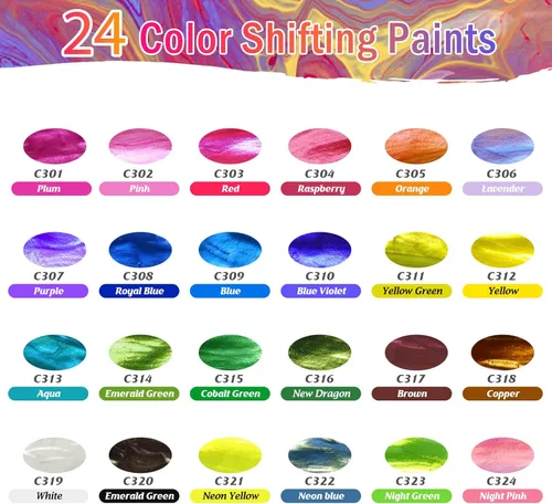 Miniatura 2 de Caliart Pintura acrílica iridiscente, 24 colores camaleones en botellas de 2.0 fl oz/2 onzas con 12 pinceles, pinturas de arte que cambian