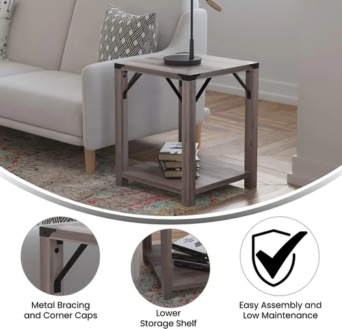 Miniatura 4 de Flash Furniture Wyatt - Mesa auxiliar moderna de 2 niveles, marco de madera de ingeniería gris lavado, soportes laterales entrecruzados de metal