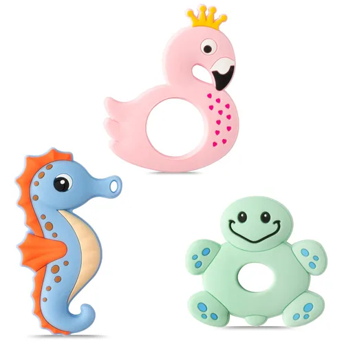 Miniatura 13 de 3 piezas de juguetes de dentición de silicona de Navidad para bebés, mordedores calmantes para la primera Navidad, diseño de muñeco de nieve suave