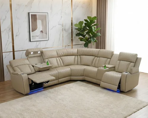 Breathing Leather Sectional Sofa with Dual Power Recliner, 6 Seater L Shaped Reclining Couch for Living Room, Sectional Couch with Reading Lamp/USB