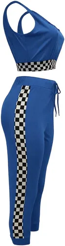 Miniatura 4 de SCORP Conjunto de 2 piezas para mujer con cuello redondo y pantalones ajustados con cordón, Azul Patchwork, M
