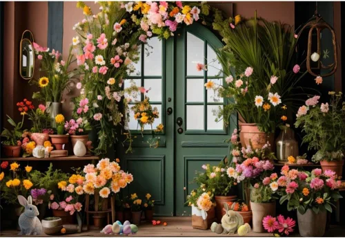 YongFoto Telón de fondo de Pascua de 5 x 3 pies, huevos de conejito de Pascua, flores verdes para puerta, arco, resurrección, domingo, gran día,