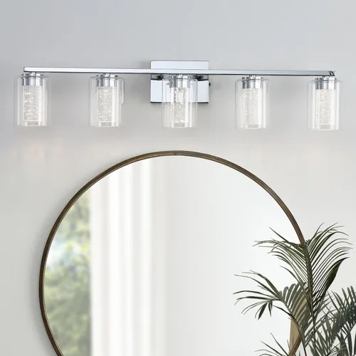 Miniatura 8 de EMONG Lámpara de baño de 3 luces negras y doradas, luces LED regulables de 5 CCT con vidrio transparente, 2700 K-6500 K, luz de tocador de baño