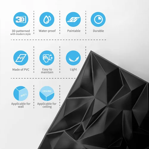 Miniatura 65 de Art3d Panel de Pared de Diamante 3D de PVC Dentado a Juego-Negro Mate, para Decoración Interior Residencial y Comercial Diamante mate negro
