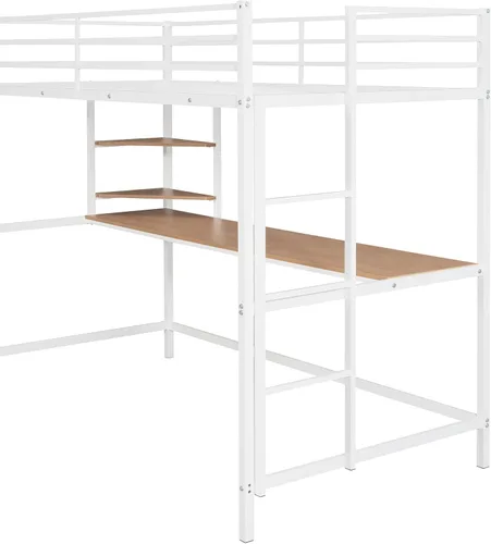 Miniatura 7 de Marco de cama de metal tipo loft de tamaño individual con escritorio y estantes de almacenamiento, marco de cama de metal con barandilla segura
