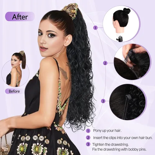 Miniatura 5 de Icono de la moda - Extensión de cola de caballo rizada ondulada con clip, cabello real, cola de caballo negra, extensiones de cordón con clip