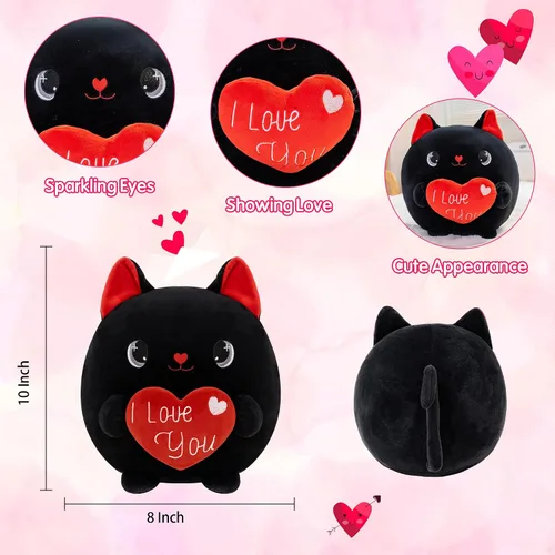 Miniatura 2 de Finebee Peluche de gato negro con corazón con texto "I Love You", peluche de San Valentín con corazón rojo para el día de la madre, recuerdo