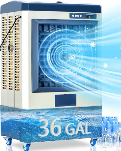 Uthfy 8979 CFM - Enfriador de aire evaporativo de 58 pulgadas con tanque de agua de 36 galones, 5 cajas de hielo, oscilación de 120°, aire Azul