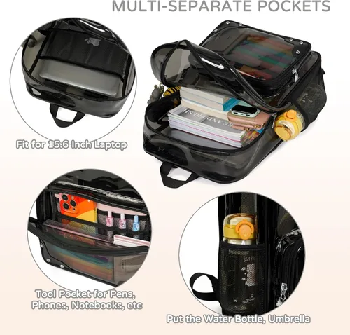 Miniatura 4 de Caoroky knight Mochila transparente resistente y transparente para laptop de 15.6 pulgadas, bolsa de viaje de TPU transparente para mujeres, Negro
