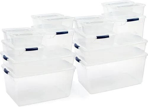 Rubbermaid Cleverstore Clear Dorm Variety 16-Pack, Hecho en EE. UU., Contenedores de almacenamiento grandes transparentes apilables con tapas,