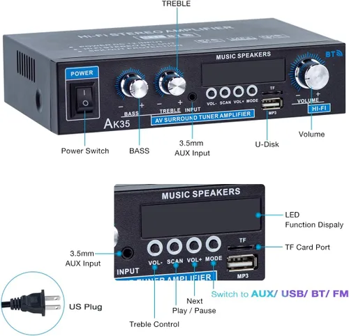 Miniatura 5 de AK35 Amplificador estéreo Bluetooth 5.0, mini receptor de audio de 2.0 canales, amplificador de audio de alta fidelidad para el hogar de 30Wx2