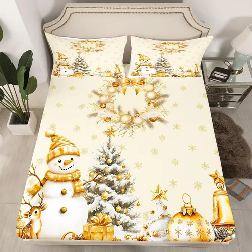 Miniatura 3 de Erosebridal Juego de ropa de cama individual con diseño de árbol de Navidad, muñeco de nieve, decoración de corona de Navidad, sábana bajera