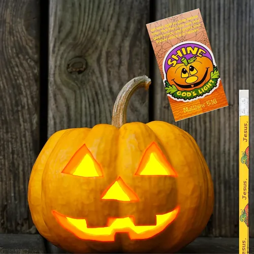 Miniatura 2 de Biblebanz 24 juegos de lápices de calabaza cristiana con Let Your Light Shine a granel calabaza Halloween tarjetas de bolsillo tronco o golosina