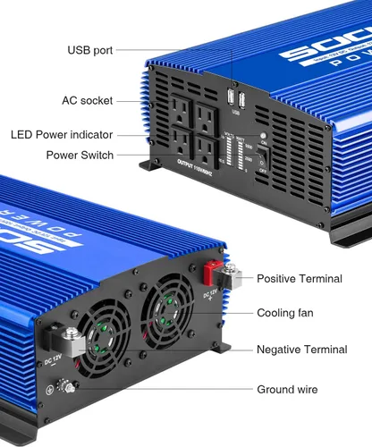 Miniatura 3 de Inversor de corriente de 5000 W de 12 V a 110 V con 4 salidas de CA, 2 puertos USB para campamento/camión/RV/hogar