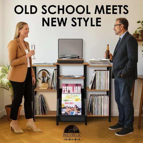 Miniatura 9 de Soporte para tocadiscos con almacenamiento de vinilo, armario giratorio alto de 36 pulgadas con almacenamiento, mesa moderna de tocadiscos