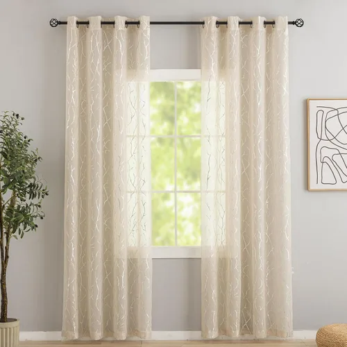 Miniatura 16 de Kotile Cortinas traslúcidas de rama de árbol – Cortinas traslúcidas grises con estampado de rama de árbol en lámina dorada metálica de 63 pulgadas
