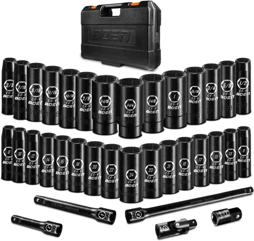 Miniatura 9 de BOEN Juego de llaves métricas de impacto profundo de 1/2 pulgada, juego de 20 piezas de acero Cr-V de 0.394 a 0.994 pulgadas, incluye barras