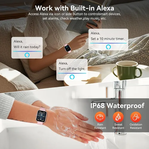Miniatura 5 de Reloj inteligente con Alexa integrado, pantalla táctil HD de 1.83 pulgadas, notificaciones/llamadas Bluetooth, IP68 impermeable, más de 120 modos