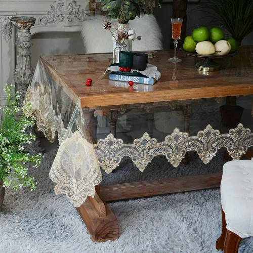Miniatura 6 de SUTAVIA Mantel redondo de encaje de vinilo transparente, 100% a prueba de aceite, impermeable, a prueba de derrames, protector de mesa de PVC Champán